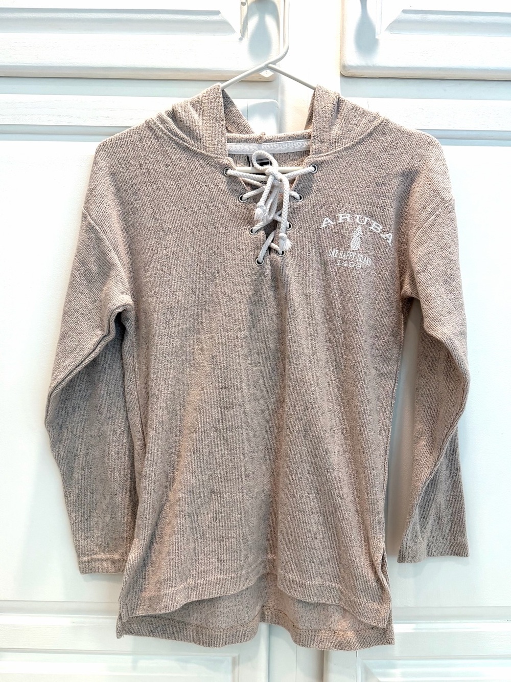 LE Womens XS Pullover Hoodie Pink Beige Lace Up Drawstring Long Sleeve Textured